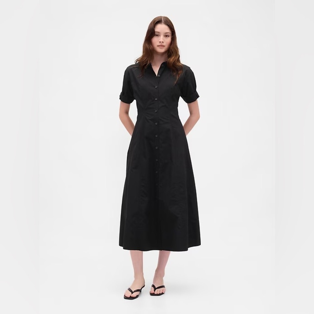 NWT! GAP Black Poplin Roll-Cuff Midi Shirtdress 🕹️